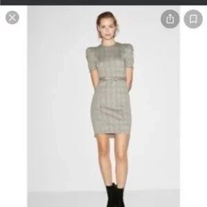 Express, plaid puff sleeves sheath dress with a bow belt ...